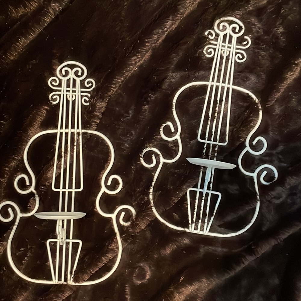 White Wrought Iron Violin Wall Candle Holders
